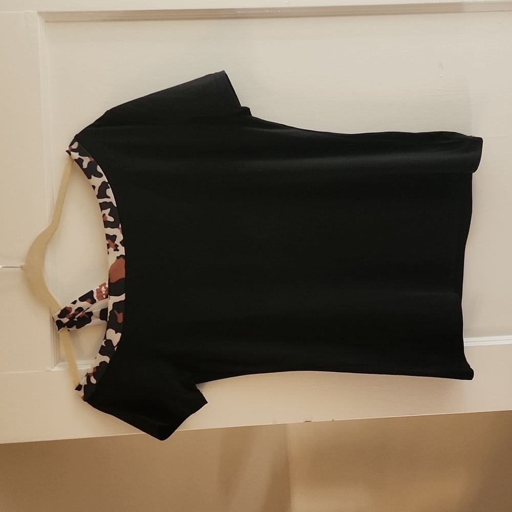Black Tee with Animal Print Trim